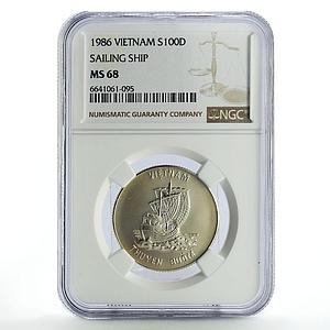 Vietnam 100 dong Seafaring Sailing Junk Ship Clipper MS68 NGC silver coin 1986