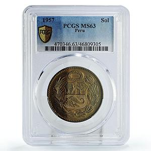 Peru 1 sol State Coinage Coat of Arms KM-222 MS63 PCGS brass coin 1957
