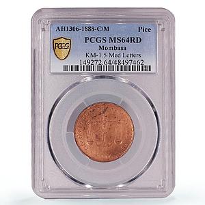 Kenya Mombassa 1 pice British Imperial Coinage KM-1.5 MS64 PCGS bronze coin 1888