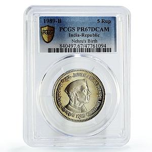 India 5 rupees Prime Minister Jawaharlal Nehru Politics PR67 PCGS CuNi coin 1989