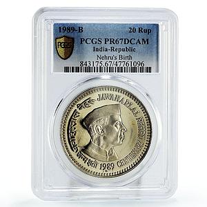 India 20 rupees Prime Minister Jawaharlal Nehru Politics PR67 PCGS Ni coin 1989