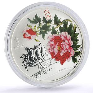 Cook Islands 1 dollar Magnificent Peony Pink Flower colored silver coin 2008