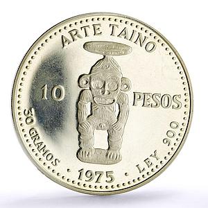Dominican Republic 10 pesos Pueblo Viejo Mine Taino Sculpture Art Ag coin 1975