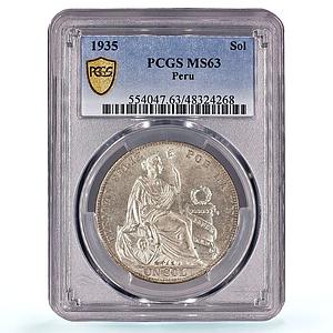 Peru 1 sol Regular Coinage Liberty Libertad KM-218.2 MS63 PCGS silver coin 1935