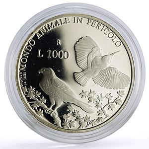 San Marino 1000 lire Conservation Wildlife Falcon Woodpecker Birds Ag coin 1993