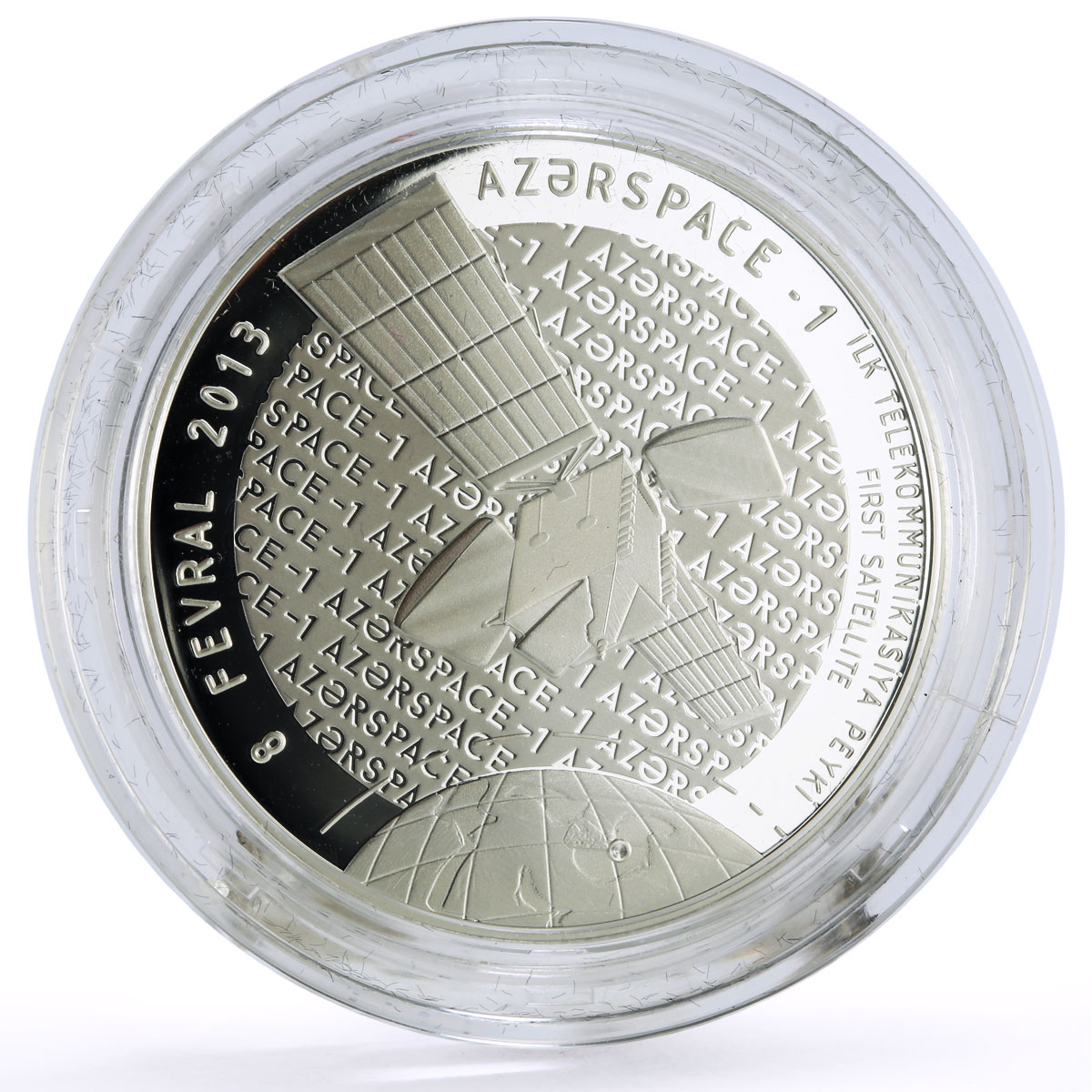 Azerbaijan 5 manat Telecommunication Satellite Azerspace Launch silver coin 2015