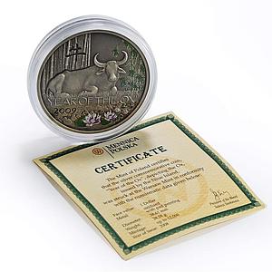Niue 1 $ Lunar Year of the Ox 2009 Seated Ox Lotus Flowers silver coin 2008