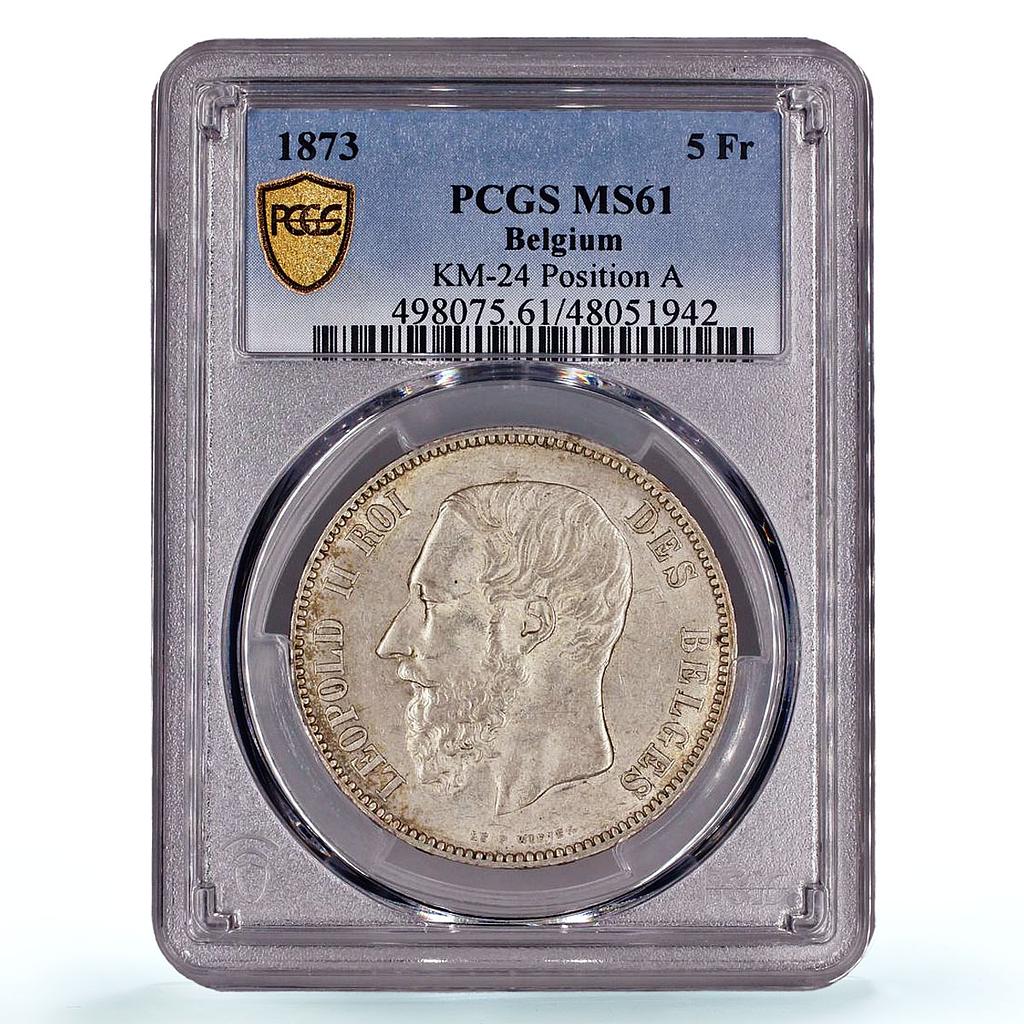 Belgium 5 francs Leopold II Coinage Position A KM-24 MS61 PCGS silver coin 1873