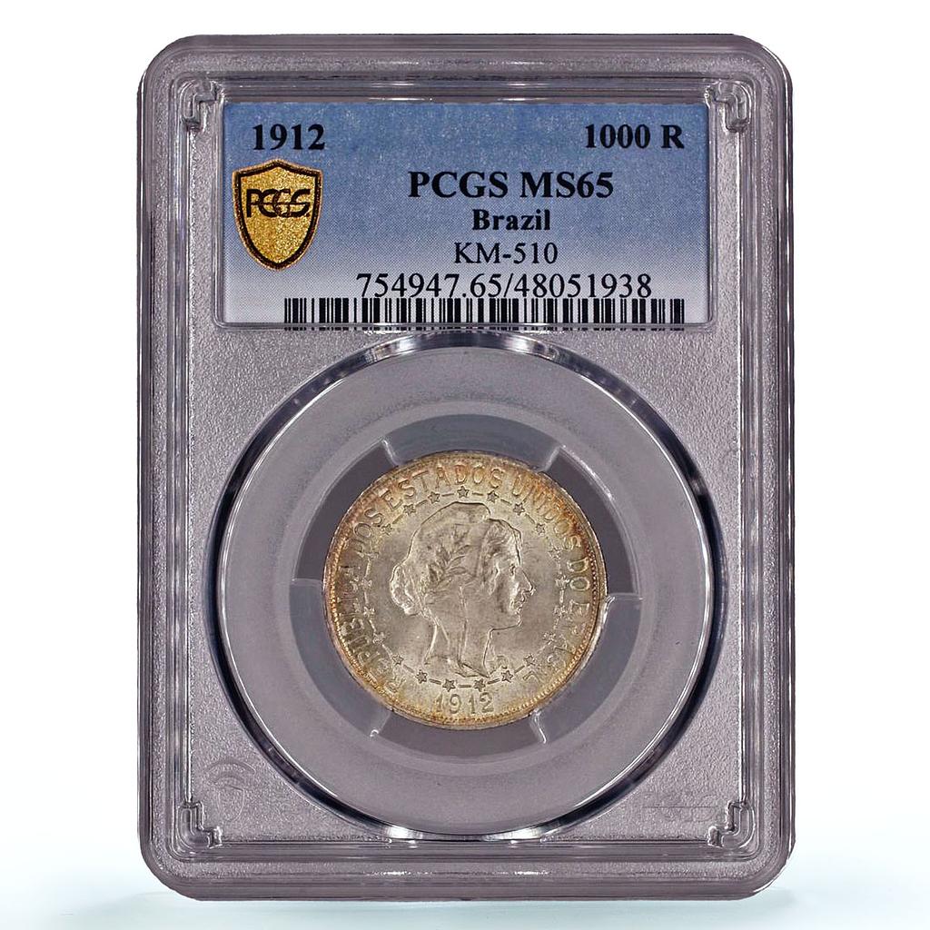 Brazil 1000 reis Regular Coinage Liberty Head KM-510 MS65 PCGS silver coin 1912