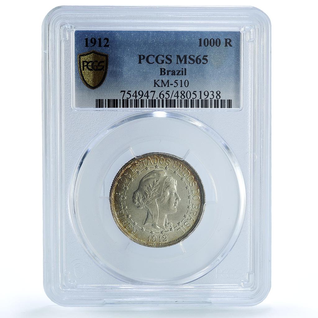 Brazil 1000 reis Regular Coinage Liberty Head KM-510 MS65 PCGS silver coin 1912 Brazil 1000 reis Regular Coinage Liberty Head KM-510 MS65 PCGS silver coin 1912