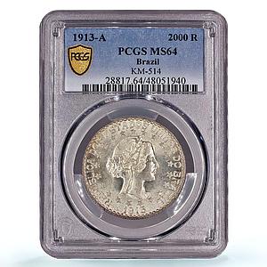 Brazil 2000 reis Regular Coinage Liberty Head KM-514 MS64 PCGS silver coin 1913
