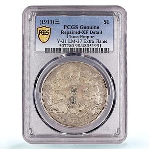 China Empire 1 dollar Dragon Extra Flame LM 37 Y-31 XF PCGS silver coin 1911