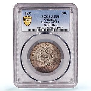 Colombia 50 centavos Columbus America Discovery KM-187.2 AU58 PCGS Ag coin 1892