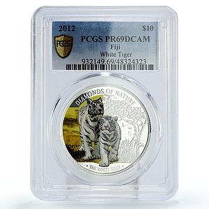 Fiji 10 $ Conservation Nature Diamonds White Tiger Fauna PR69 PCGS Ag coin 2012