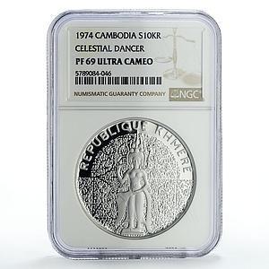Cambodia 10000 riels Khmer Republic Celestial Dancer PF69 NGC silver coin 1974
