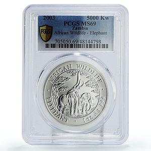 Zambia 5000 kwacha African Wildlife Elephants Fauna MS69 PCGS silver coin 2003