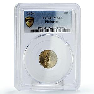 Philippines 10 centavos Regular Coinage Liberty KM-188 MS66 PCGS CuNi coin 1964