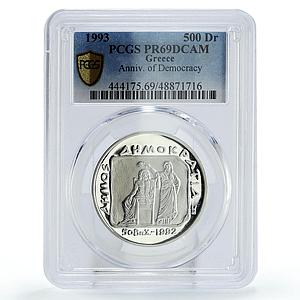Greece 500 drachmes Democracy Anniversary Seated Zeus PR69 PCGS silver coin 1993