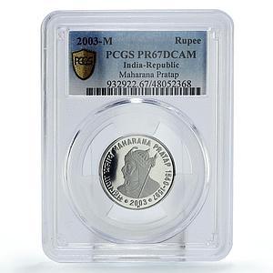 India 1 rupee King Maharana Pratap Politics KM-314 PR67 PCGS NiSteel coin 2003