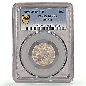 Bolivia 20 centavos Regular Coinage PTS CB KM-159.2 MS63 PCGS silver coin 1890
