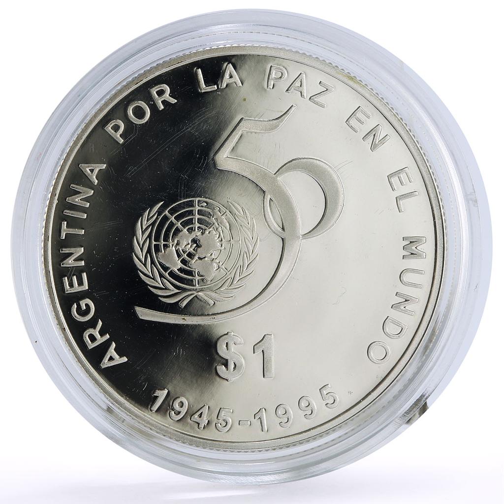 Argentina 1 peso United Nations UN Logo 50th Anniversary proof silver coin 1995 Argentina 1 peso United Nations UN Logo 50th Anniversary proof silver coin 1995