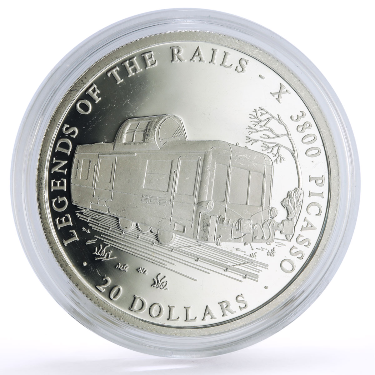 Liberia 20 dollars Railways Railroads Trains Picasso proof silver coin 2002