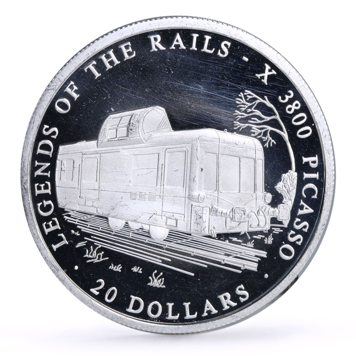 Liberia 20 dollars Railways Railroads Trains Picasso proof silver coin 2002