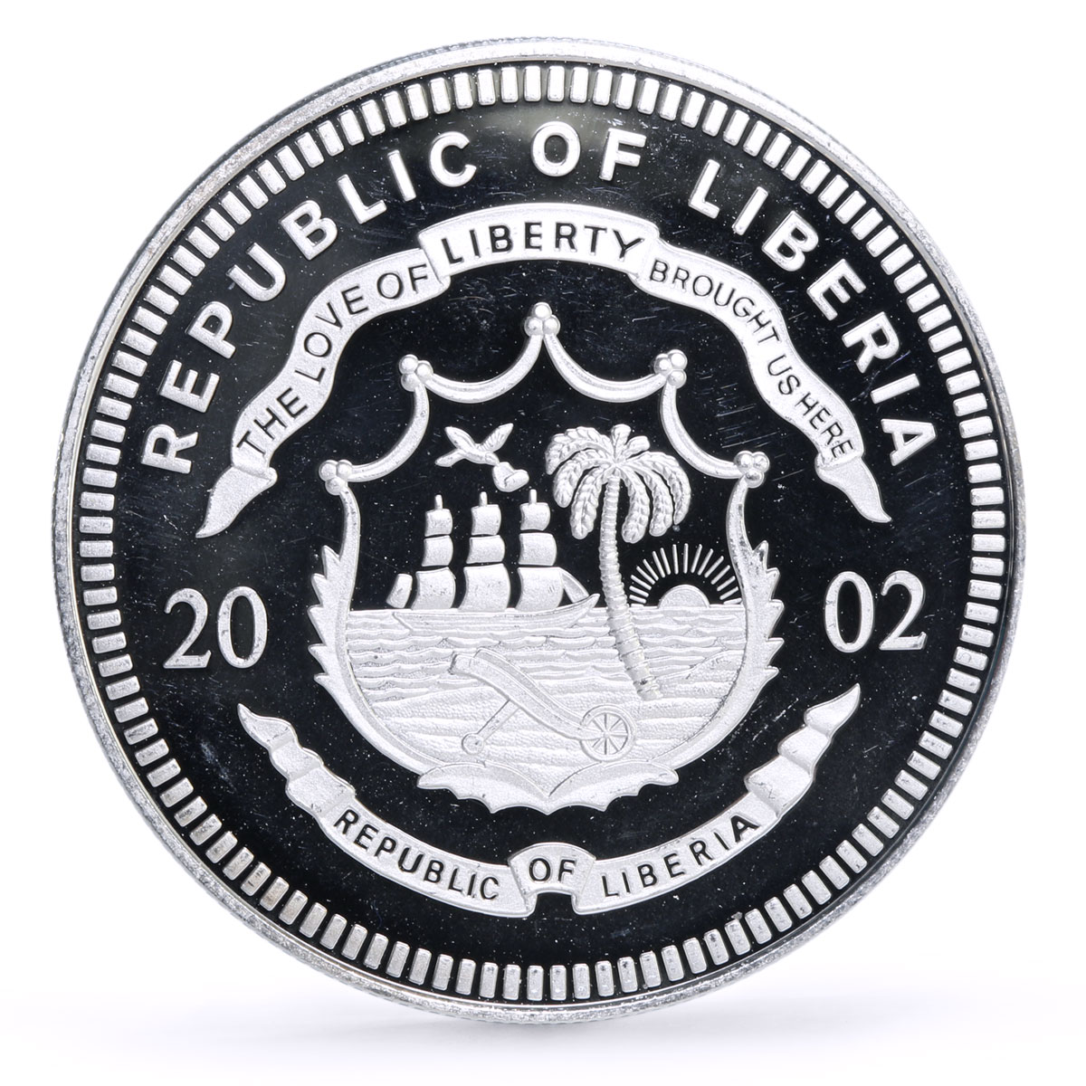 Liberia 20 dollars Railways Railroads Trains Zeppelin proof silver coin 2002