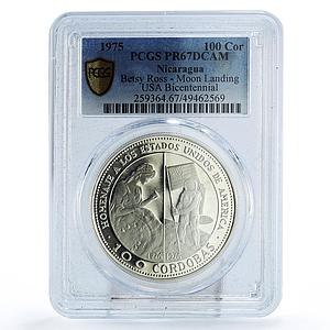 Nicaragua 100 cordobas Betsy Ross Moon Landing KM-35 PR67 PCGS silver coin 1975
