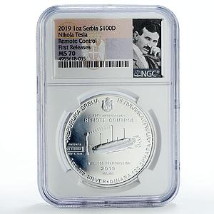 Serbia 100 dinara Tesla Remote Control First Release MS70 NGC silver coin 2019