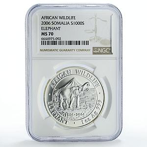 Somalia 1000 shillings African Wildlife Elephant Fauna MS70 NGC silver coin 2006