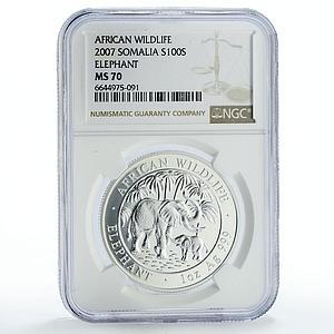 Somalia 100 shillings African Wildlife Elephant Fauna MS70 NGC silver coin 2007