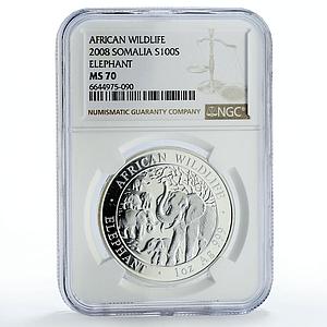 Somalia 100 shillings African Wildlife Elephant Fauna MS70 NGC silver coin 2008