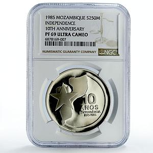 Mozambique 250 meticais Independence 10th Anniversary PF69 NGC silver coin 1985
