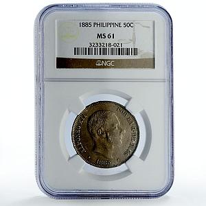 Philippines 50 centimos Regular Coinage Alfonso XII MS61 NGC silver coin 1885