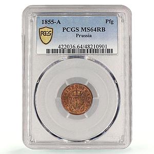 Germany Prussia 1 pfennig Wilhelm IV Coinage KM-451 MS64 PCGS copper coin 1855 A