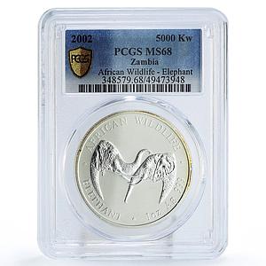 Zambia 5000 kwacha African Wildlife Elephants Fauna MS68 PCGS silver coin 2002
