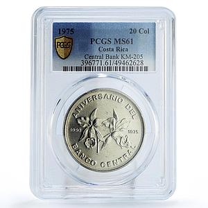 Costa Rica 20 colones Central Bank 25th Anniversary MS61 PCGS nickel coin 1975