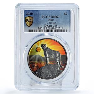 Niue 2 dollars Conservation Desert Life Cheetah Fauna MS69 PCGS silver coin 2020