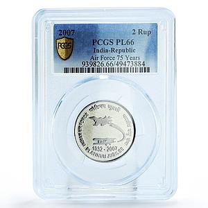 India 2 rupees Indian Air Forces Planes Aviation PL66 PCGS steel coin 2007