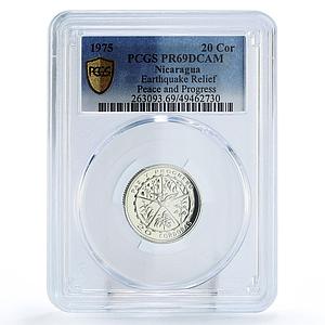 Nicaragua 20 cordobas Earthquake Peace Progress Bird PR69 PCGS silver coin 1975