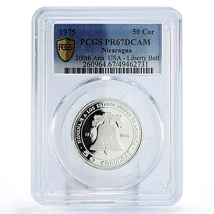 Nicaragua 50 cordobas USA United States Liberty Bell PR67 PCGS silver coin 1975