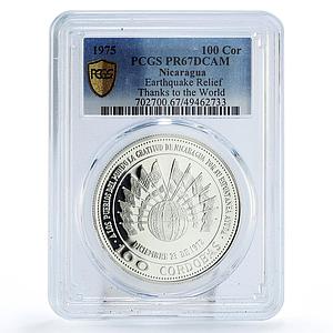 Nicaragua 100 cordobas Earthquake Thanks to The World PR67 PCGS silver coin 1975