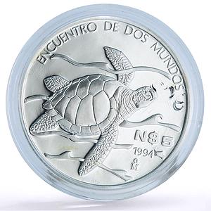 Mexico 5 pesos Two Worlds Encounter Wildlife Turtle Fauna proof silver coin 1994