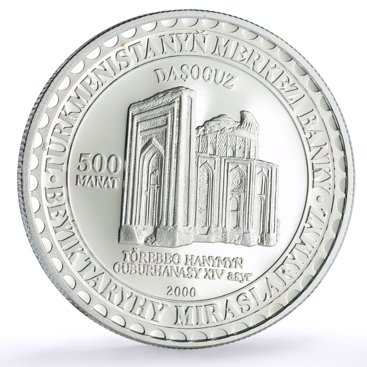 Turkmenistan 500 manat Torebek Khanum Mausoleum Architecture silver coin 2000