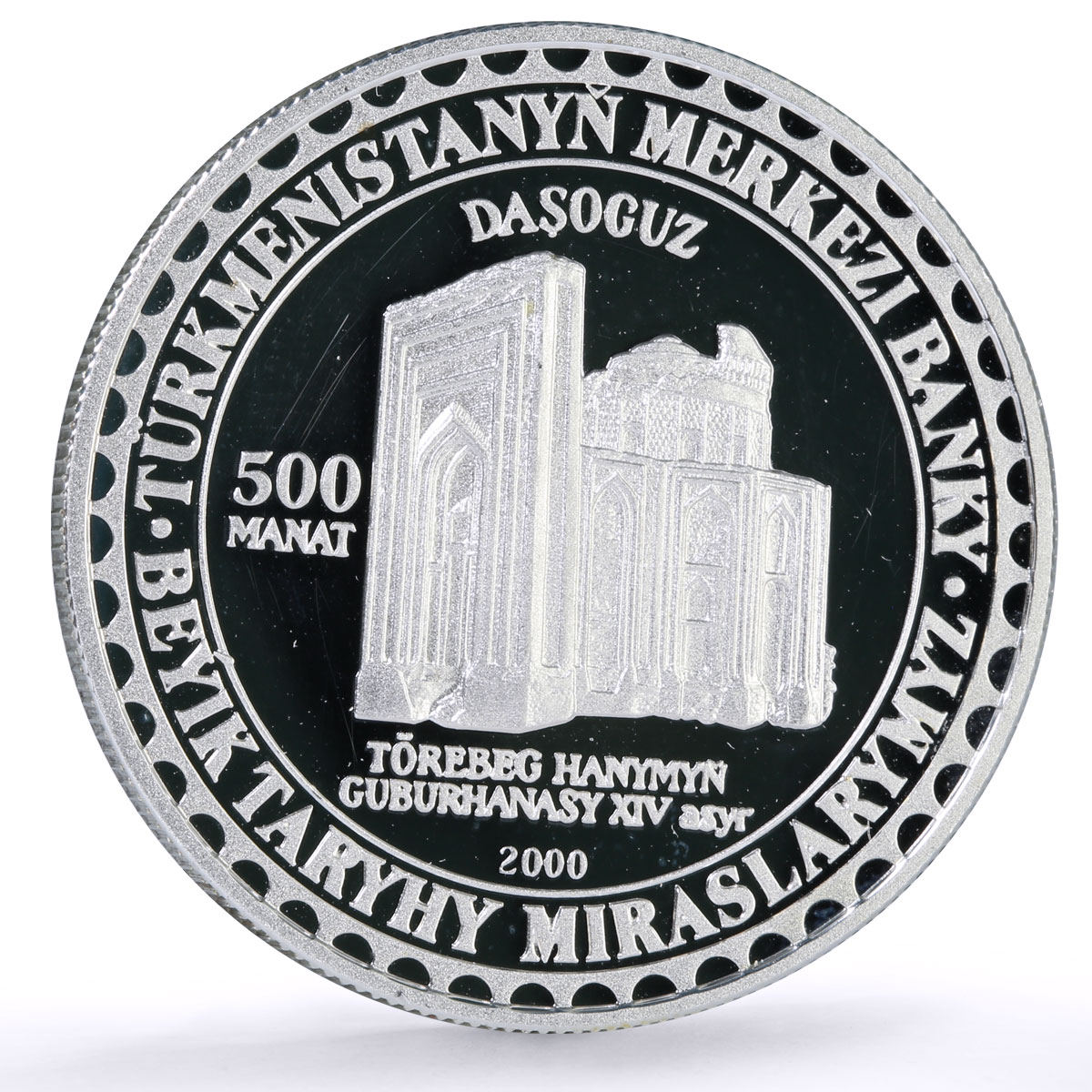 Turkmenistan 500 manat Torebek Khanum Mausoleum Architecture silver coin 2000