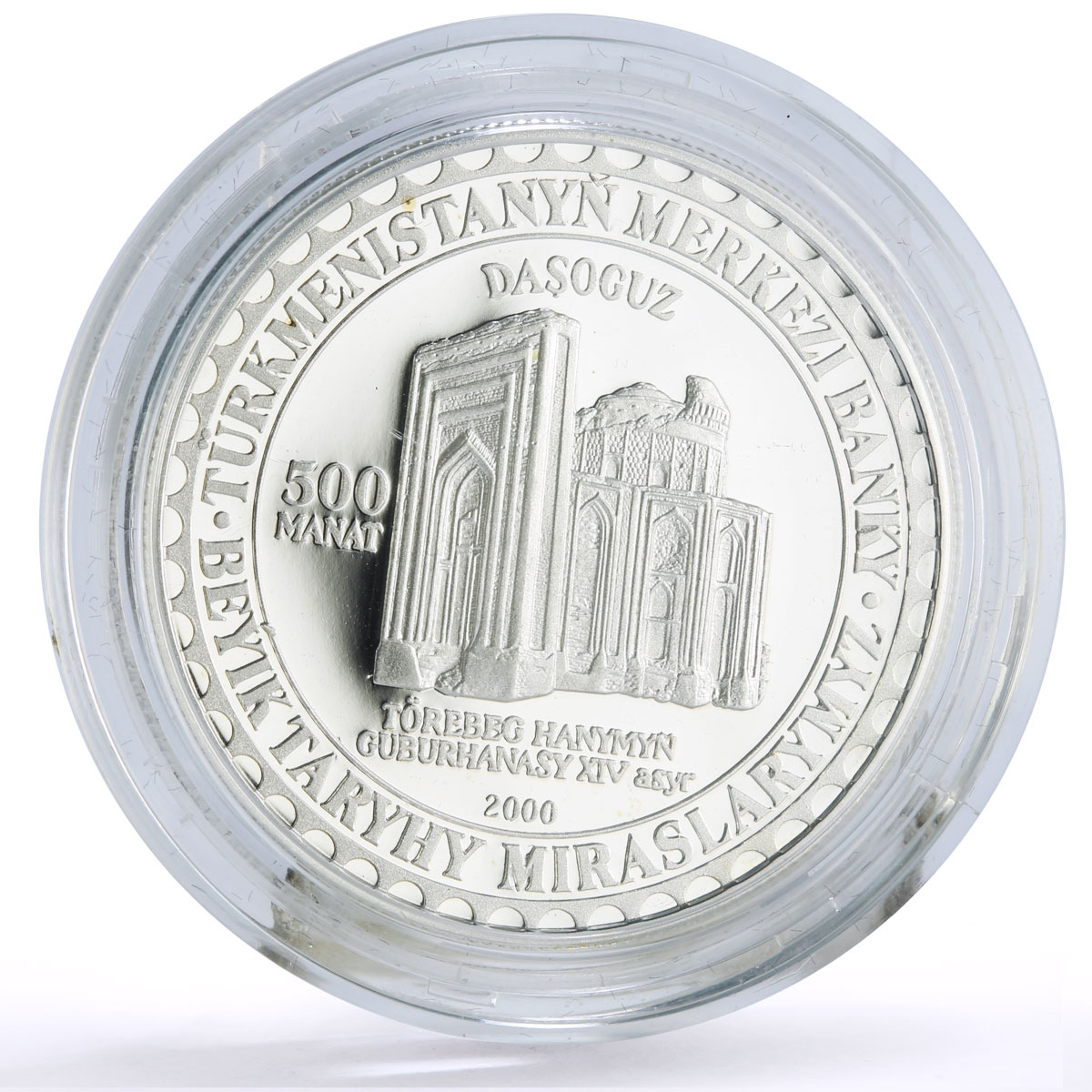 Turkmenistan 500 manat Torebek Khanum Mausoleum Architecture silver coin 2000