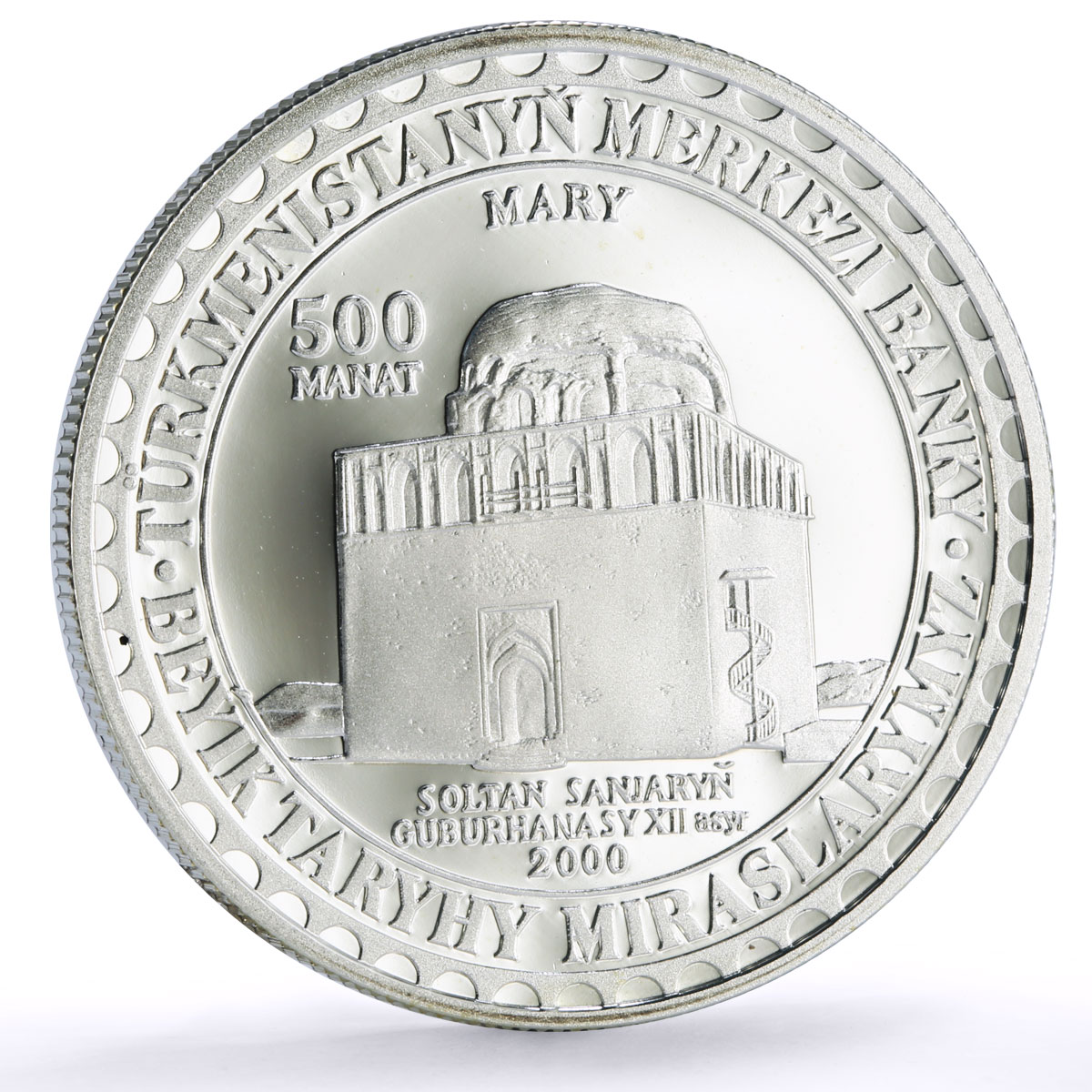 Turkmenistan 500 manat Soltan Sanjar Mausoleum Architecture silver coin 2000