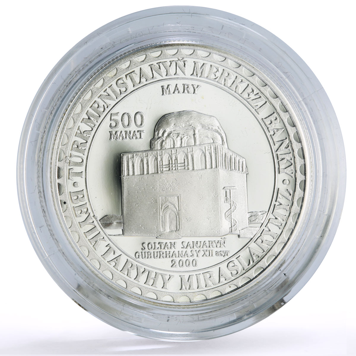 Turkmenistan 500 manat Soltan Sanjar Mausoleum Architecture silver coin 2000