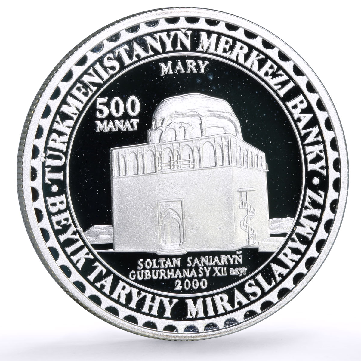 Turkmenistan 500 manat Soltan Sanjar Mausoleum Architecture silver coin 2000